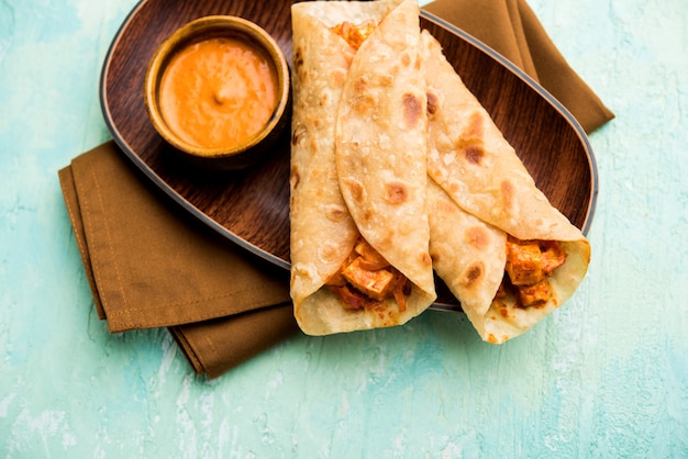 Peri peri paneer chapati frankie of wrap of roll, selectieve focus