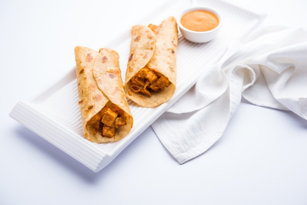 Peri peri paneer chapati frankie or wrap or roll, selective focus