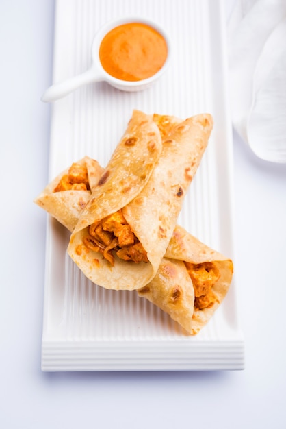 Peri peri paneer chapati frankie or wrap or roll, selective focus