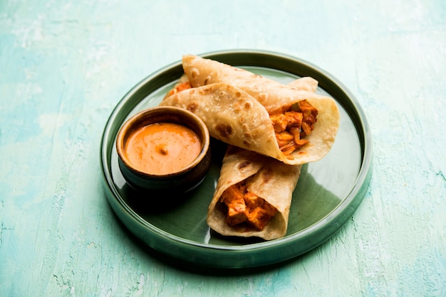 Peri peri paneer chapati frankie or wrap or roll, selective focus