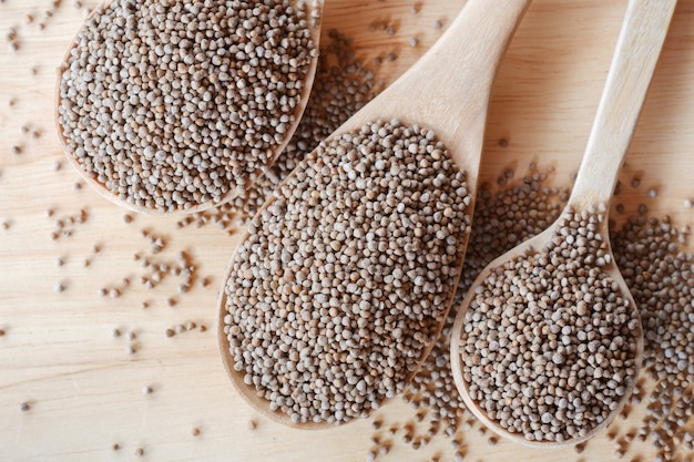 Perilla seeds in a wooden spoon are grains that can be eaten with both seeds and leaves.