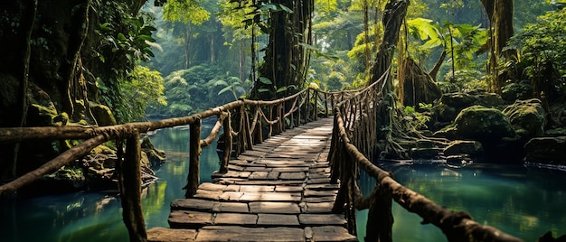 A perilous bridge over a river in the bush