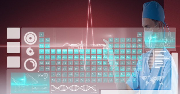 Periodic table and data processing over male surgeon wearing face mask touching invisible screen