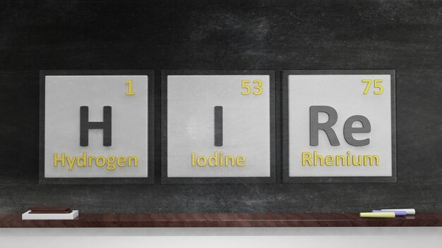 Periodic table of elements symbols used to form word Hire on blackboard