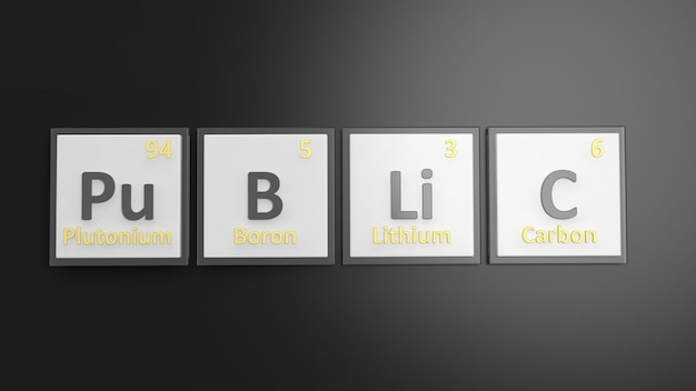 Periodic table of elements symbols used to form word Public on blackboard