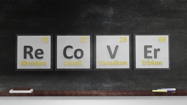 사진 칠판에 단어 복구를 형성하는 데 사용되는 요소 기호의 주기율표