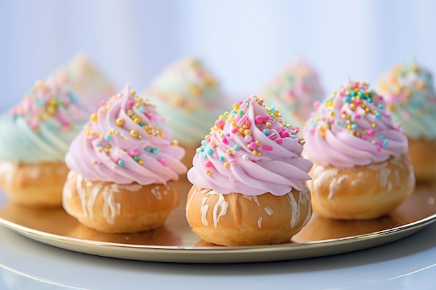 Perkamenten met verschillende heerlijke donuts en kommen hagelslag op witte tafel