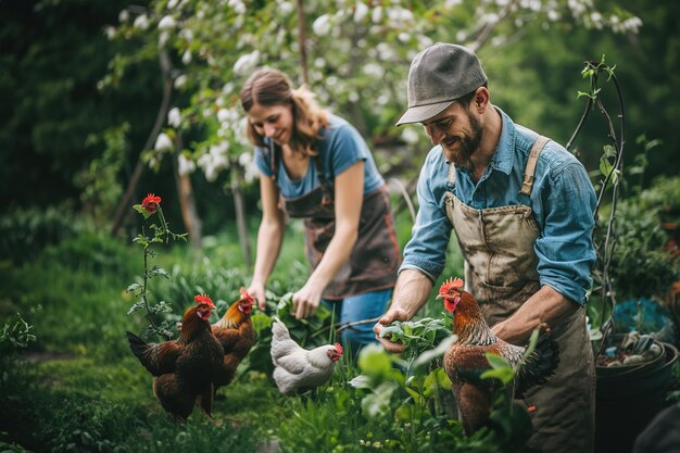 Photo permaculture homestead couple tending to chickens and vegetable garden living harmoniously with natu