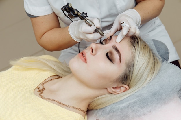 Permanent makeup, tattooing of eyebrows.