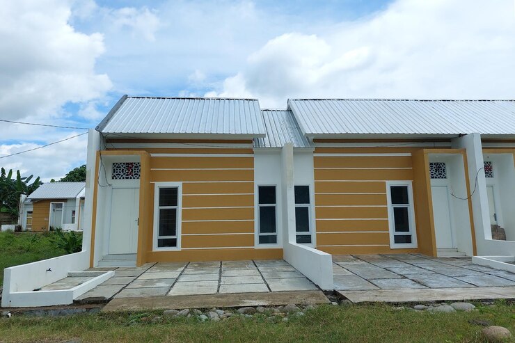 Permanent white houses are lined up with small garages in the morning