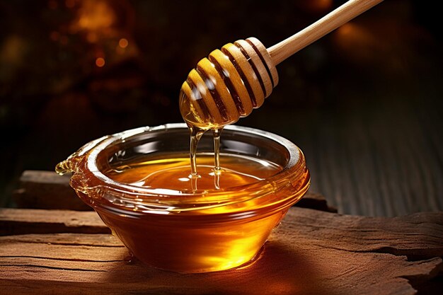 Photo a perons hand holding dipper over bowl of honey