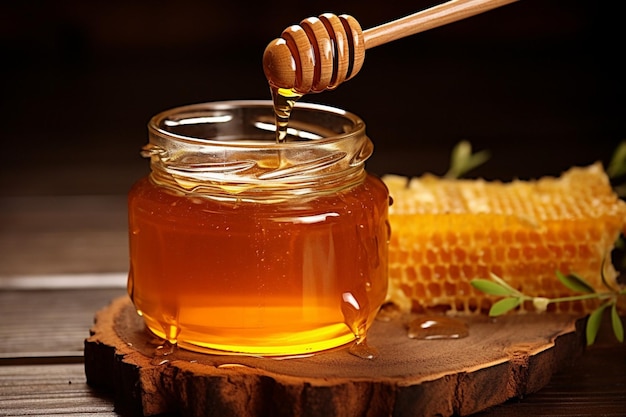 Photo a perons hand holding dipper over bowl of honey