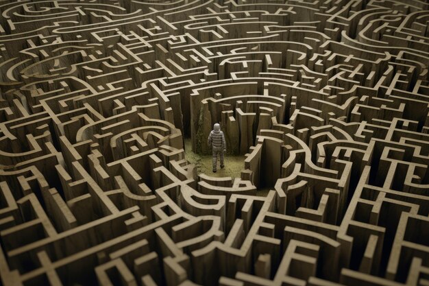 Photo perplexed man stuck in the middle of maze generate ai