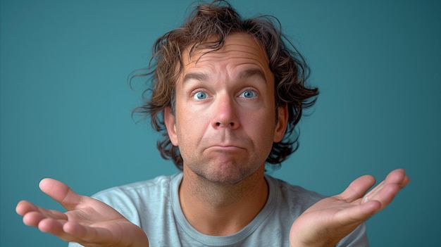 Photo perplexed man with raised hands against blue background