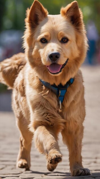 Perrito de raza caminando por el pavimento