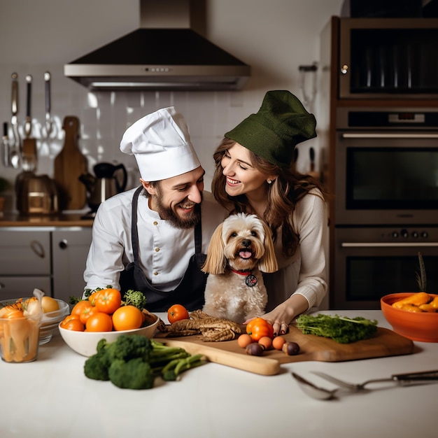 Perro feliz comida saludable para perro perro y humanos cocinando