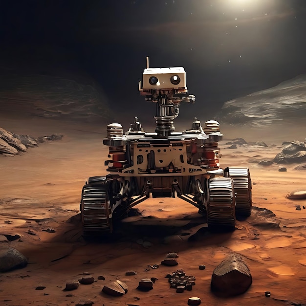 Фото Марсоход perseverance пробивается в скалу марса, планеты темной среды ии