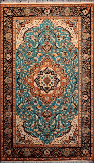 床の上面図にアンティーク模様の青と茶色のペルシャ絨毯