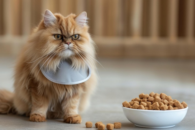 Persian cat in a bib beside a bowl of dry cat food nuggets
