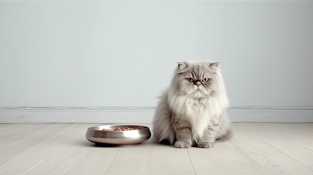 Persian cat and a bowl of food on the floor in the room Space for text Generative AI