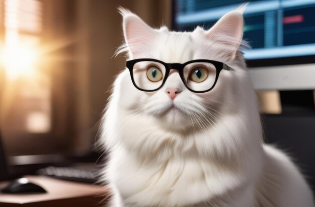 A Persian cat in the glasses near computer