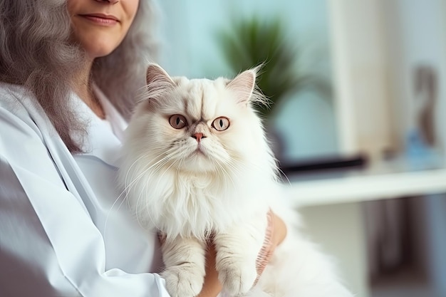 Persian Cat in Veterinary Hospital Female Doctor Care Kitten Veterinarian Doctor Holds White Fluffy Cat Closeup Vet Clinic Generative AI Illustration