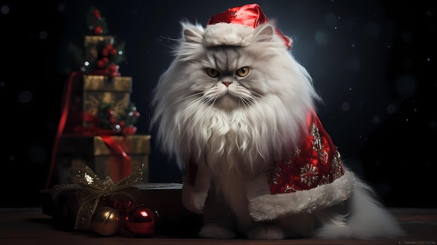 Персидская кошка в пальто Санта-Клауса