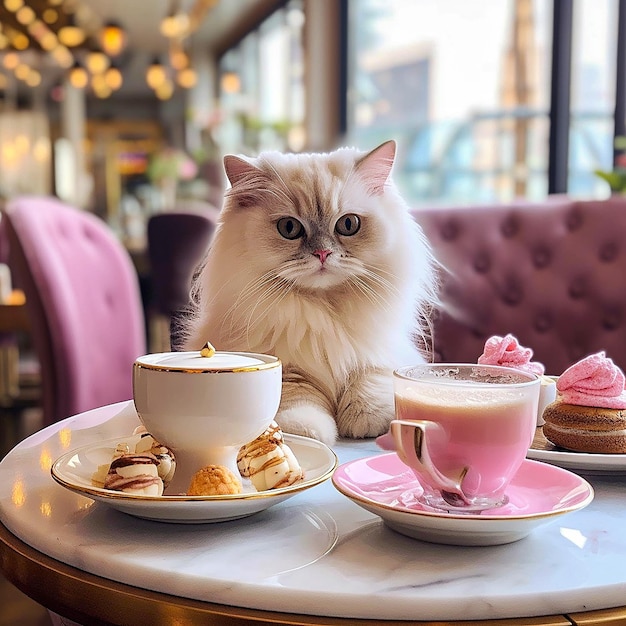 Фото Персидский кот с двумя чашками кофе и пирожными на столе