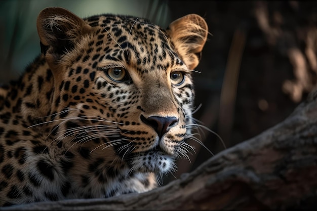 Persian leopard Panthera pardus saxicolor in a portrait perched on a branch