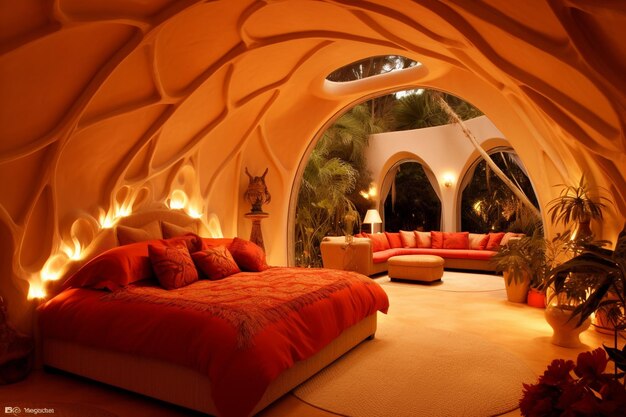 Foto camera per ospiti ispirata all'oasi persiana con un divano di peluche arco decorazione interna layout art
