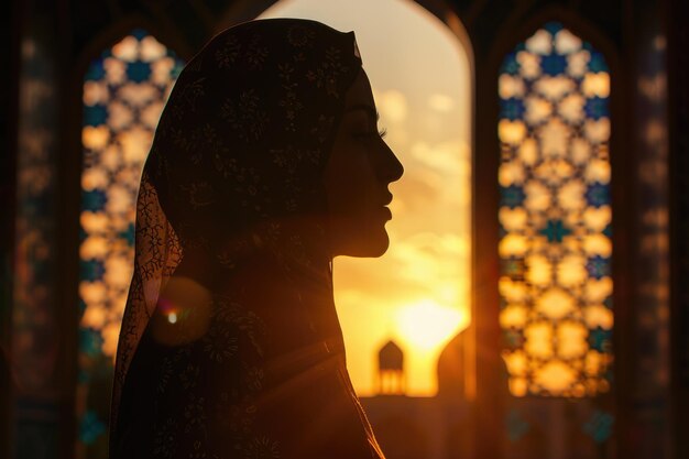 Photo persian woman in traditional dress against iranian architecture at sunset