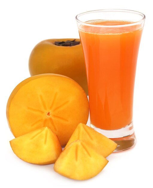 Persimmon juice with fresh fruits over white background