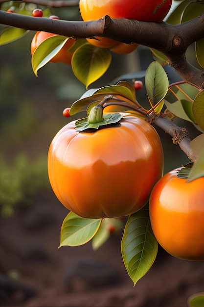 Persimmon in orchard plantation closeup