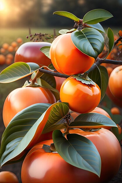 Persimmon in orchard plantation closeup