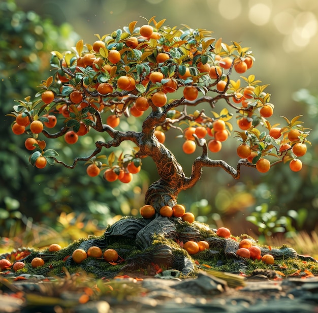 Persimmon tree with ripe fruits on forest glade