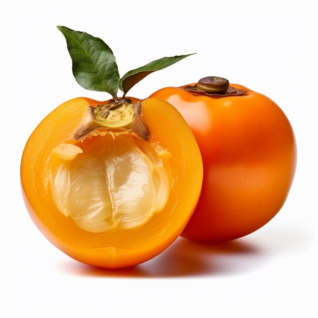 A persimmon with a green leaf is on a white background.