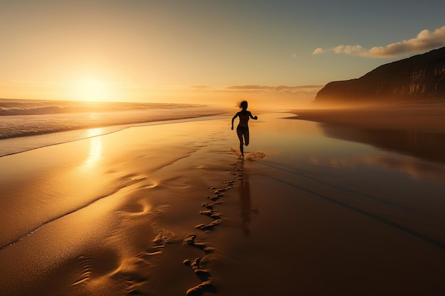 A perso runs along the ocean coastline facing the sunset Generative AI