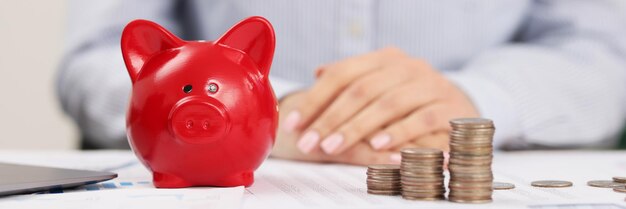 Person accountant on working place stack of coins red piggy bank
