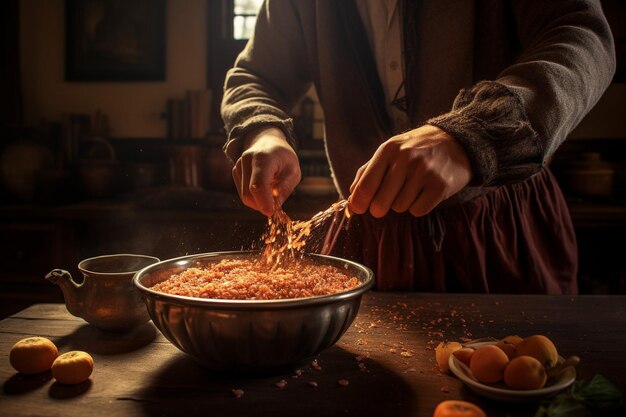 Foto persona che aggiunge un pizzico di cannella a una ciotola di avena