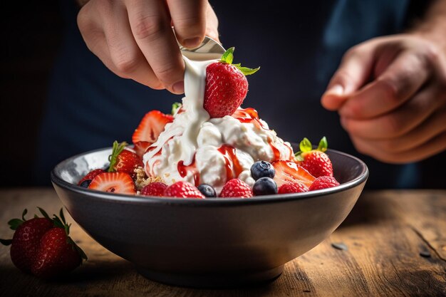 Foto persona che aggiunge una tazza di yogurt greco a una ciotola di avena