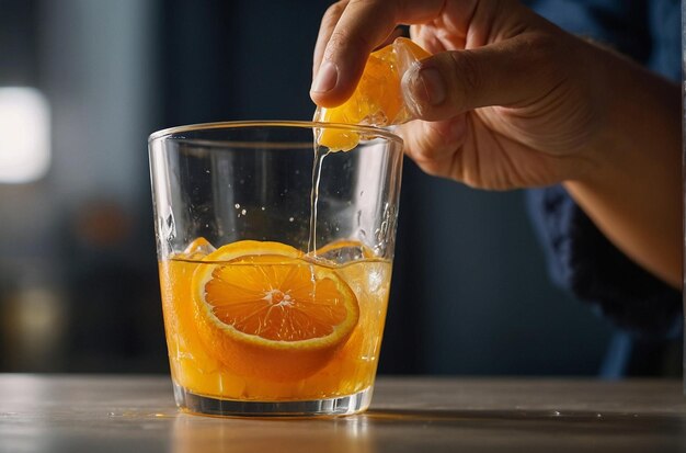 A person adding ice cubes to a glass of orange juice