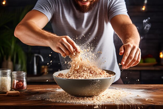 Foto persona che aggiunge una spruzzatura di cocco tritato a una ciotola di avena