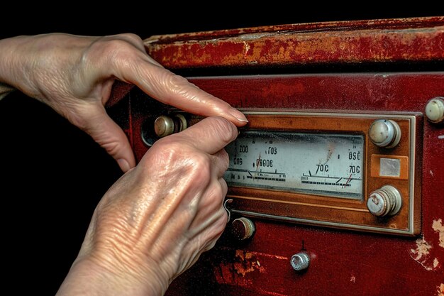 A person adjusting the knobs on an analog radio