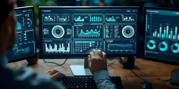 a person analyzing business metrics on a computer dashboard for data management concept data analysis business metrics computer dashboard data management analytics