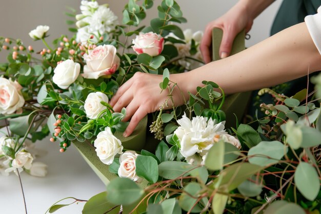 写真 花の泡で花のアレンジをしている人