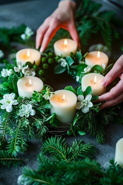 Person arranging group of white candles in front of them surrounded by green foliage
