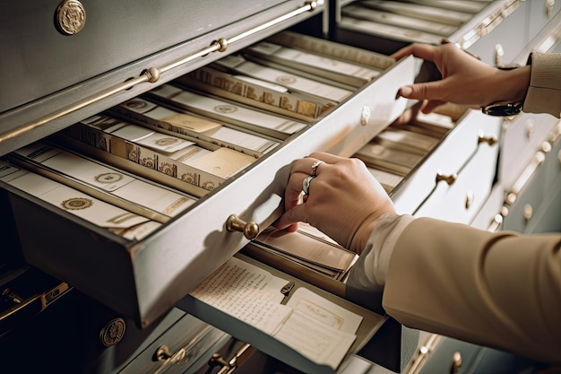 Person arranging and organizing safe deposit box with important documents and valuables in view