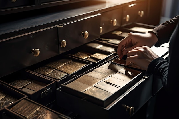 Person arranging and organizing safe deposit box with important documents and valuables in view