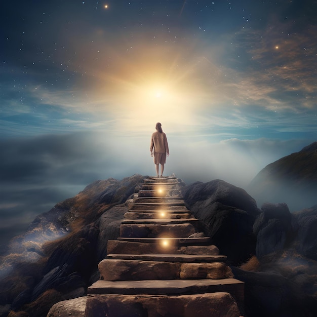 Person ascending mystical staircase towards a bright light journey to enlightenment climb to destiny AI