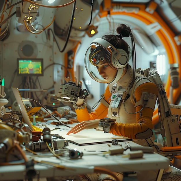 Photo a person in an astronaut suit is working on a computer